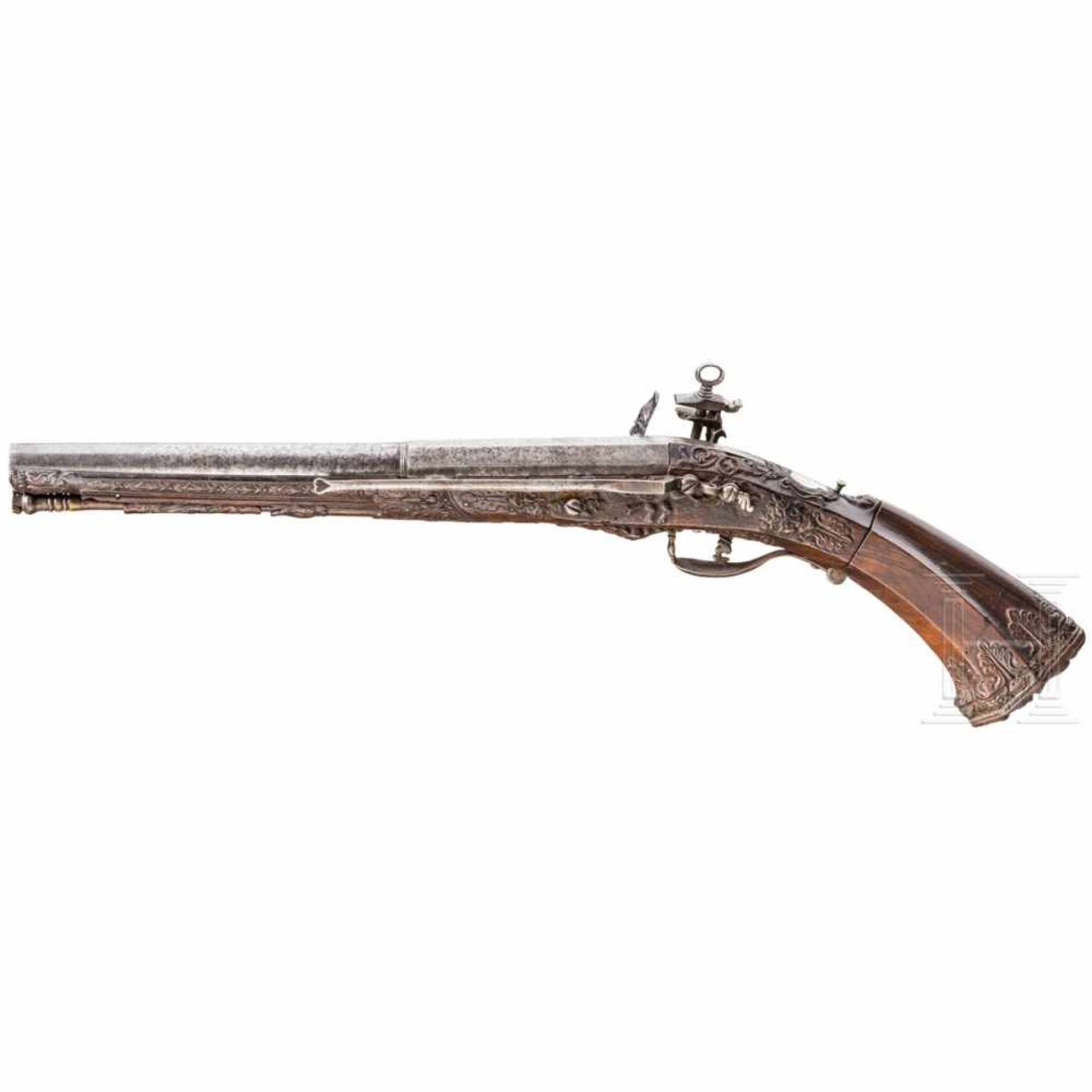 Steinschlosskarabiner mit Klappkolben aus dem Haus Visconti, Italien, 2. Hälfte 17. Jhdt.Schwerer, - Bild 6 aus 6