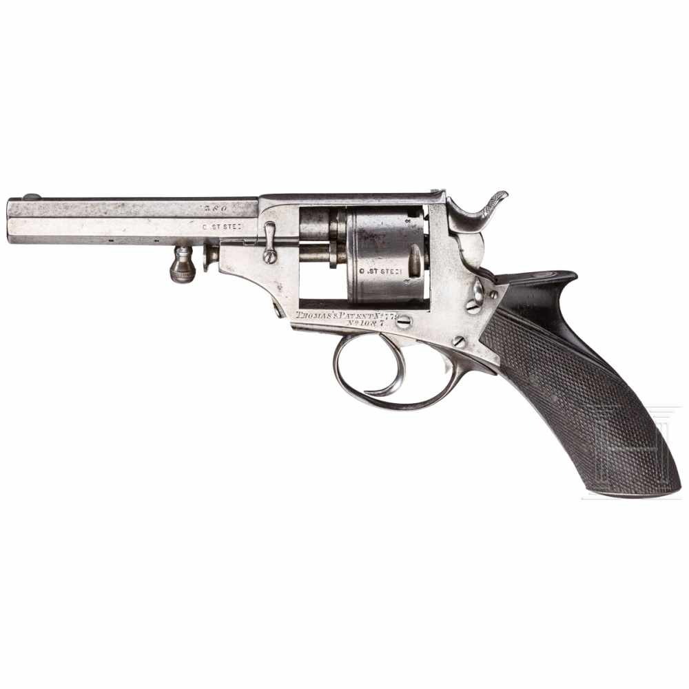 Revolver Thomas, um 1870Kal. .380 CF, Nr. 1087, Sechsfach gezogener, blanker Oktagonallauf, Länge