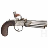 Steinschloss-Entenfuß-Pistole, im englischen Stil, um 1800Vier verschraubte runde Nockenläufe mit