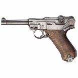 Pistole 08, Mauser, Code "42 - byf", mit TascheKal. 9 mm Luger, Nr. 6676r / 9640, Griffstück und