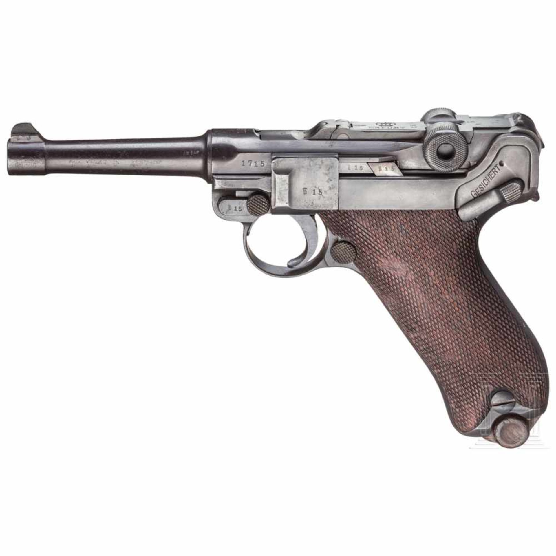 Pistole 08, Erfurt 1913, mit TascheKal. 9 mm Luger, Nr. 1715, Nummerngleich inkl. Schlagbolzen und