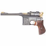 Mauser C 96 Commercial, graviert, teilvergoldetKal. 7,63 mm, Nr. 300818, Nummerngleich. Lauf matt.