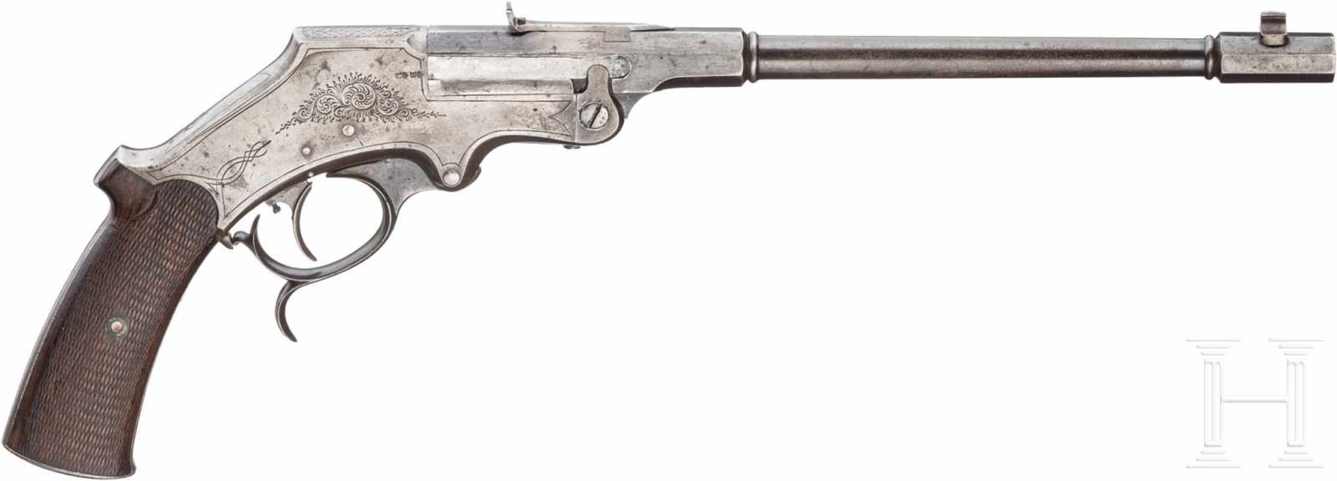 Scheibenpistole Langenhan Typ 1893 mit Griffhorn, im Kasten und mit KoffertascheKal. .22 l.r., Nr. - Bild 2 aus 3