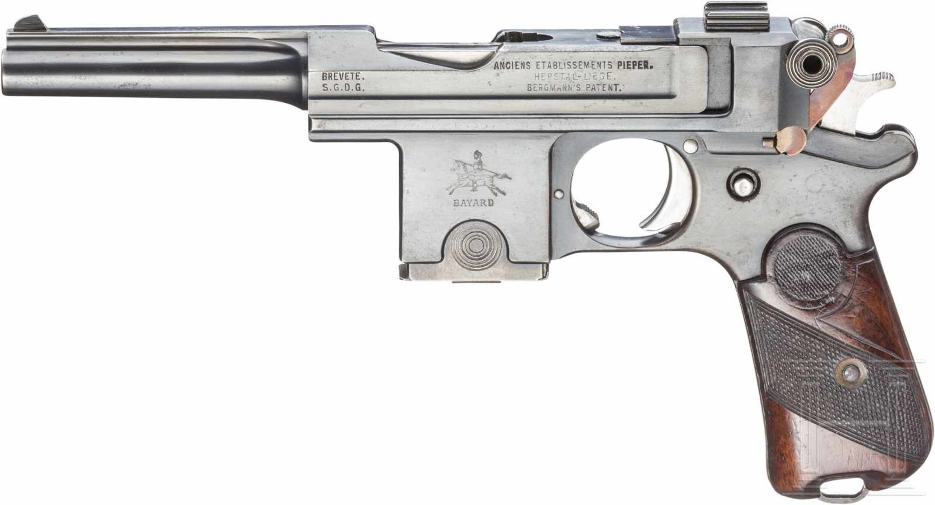 Bergmann-Bayard Mod. 1908, mit AnschlagschaftKal. 9 mm Bergmann, Nr. 7647, Nummerngleich. Blanker