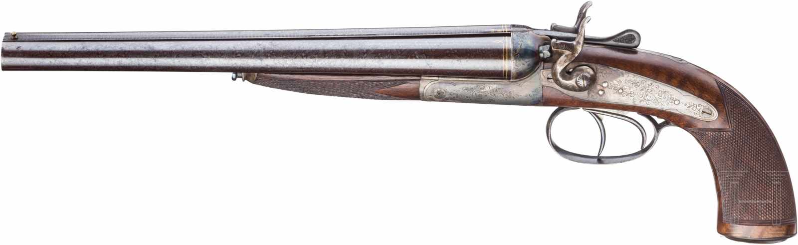 Doppelläufige Hahnpistole, Belgien, um 1900Kal. 32 bore, Nr. 27285, Glatte, bräunierte, - Image 2 of 3