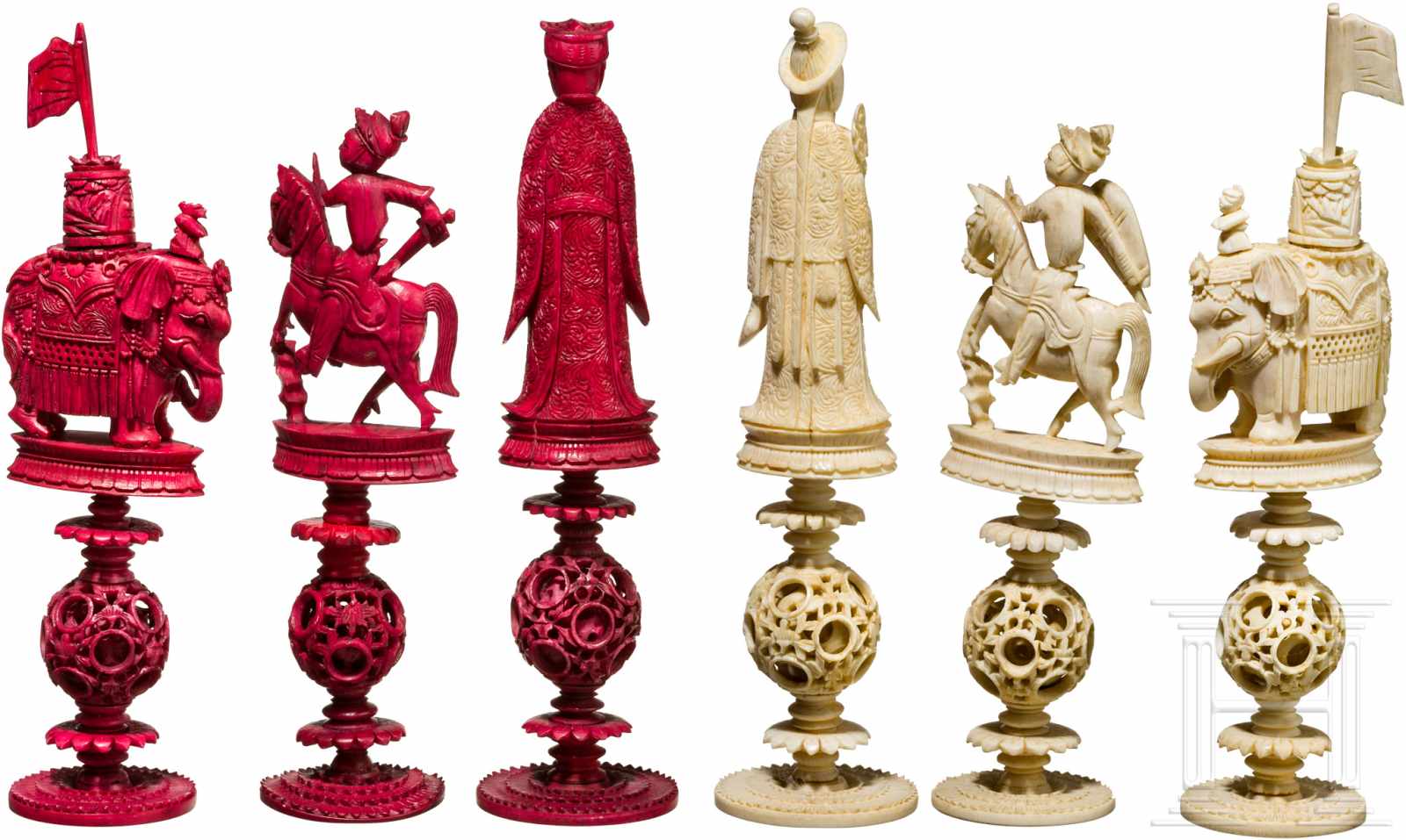 Geschnitztes Schachspiel aus Elfenbein, China, Kanton, 19. Jhdt.Jeweils mehrteilig gearbeitet und - Image 5 of 7