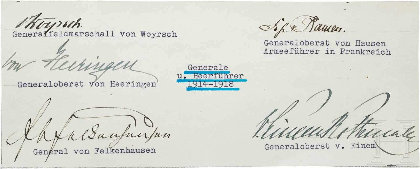 Fünf Original-Autografen von Generalen und Heerführern des 1. WeltkriegsDie Unterschriften wurden