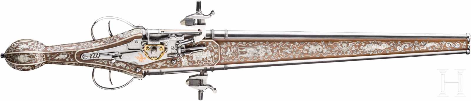 Doppelläufige, lange Radschloss-Wendepistole, Sammleranfertigung im Stil um 1600Jeweils glatter,