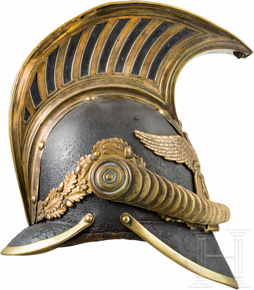 Helm M 1834 für Unteroffiziere der Dragoner, um 1845Hohe, schwarz gelackte Lederglocke mit - Image 3 of 4