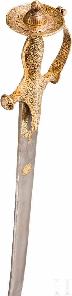 Goldtauschierter Tulwar mit Rückenklinge aus feinem, gemasertem Wootzdamast, Indien, 1. Hälfte 19. - Image 5 of 9