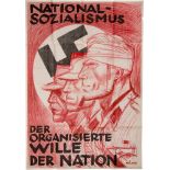 Frühes Werbeplakat der NSDAP von Mjölnir, um 1930Zweifarbiger Druck mit Darstellung dreier SA-Männer