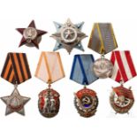 Sechs silberne und teils emaillierte Orden und zwölf Medaillen, Sowjetunion, ab 1944Orden für den