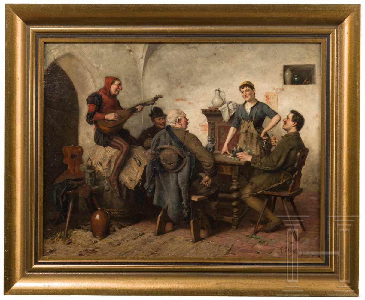 Gustav Wittschas (1868-?) - "Jägerlatein"Öl auf Leinwand. Lustig zechende Gruppe von Jägern im