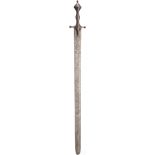 Silbertauschiertes Schwert, Persien, 19. Jhdt.Zweischneidige, lange Klinge mit geätzter