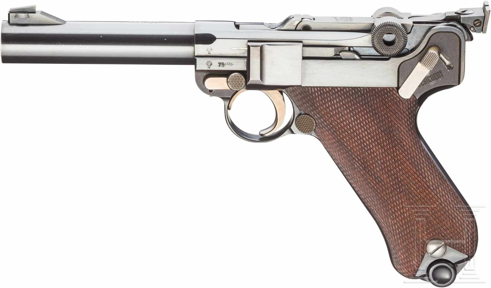 Mauser 06/73, Mod. SportKal. 9mm Luger, Nr. 11.010476, Nummerngleich. Spiegelblanker, dicker Lauf,