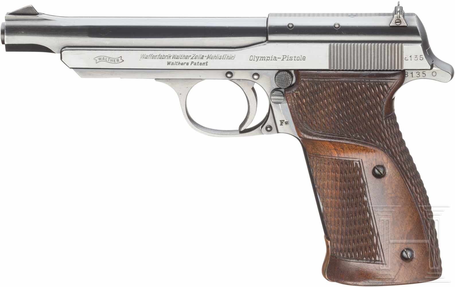 Walther Olympia-Pistole "Jägerschaftsmodell"Kal. .22 l.r., Nr. 8135, Nummerngleich. Blanker Lauf,