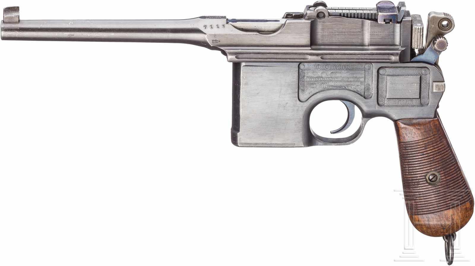 Mauser C 96, mit Kasten, Scandinavian Contract WW IKal. 7,63x25, Nr. 7113, Nummerngleich. Blanker