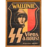 Belgisches Werbeplakat für die SS-Panzerdivision "Wallonie"Schwarzes Plakat mit Legionärsportrait
