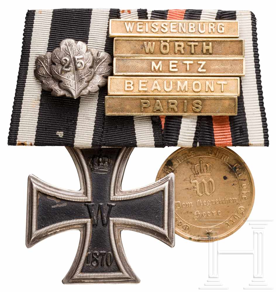 Ordensschnalle mit Eisernem Kreuz 2. Klasse, 1870, Eichenlaub "25", fünf GefechtsspangenEK,