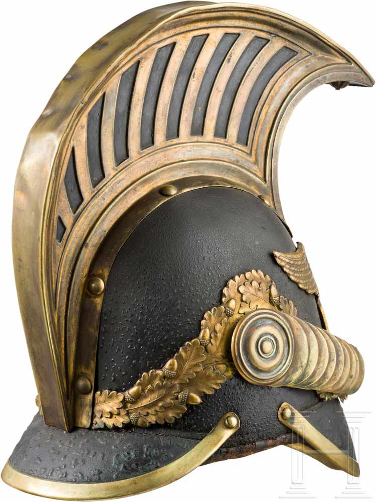 Helm M 1834 für Unteroffiziere der Dragoner, um 1845Hohe, schwarz gelackte Lederglocke mit - Image 4 of 4