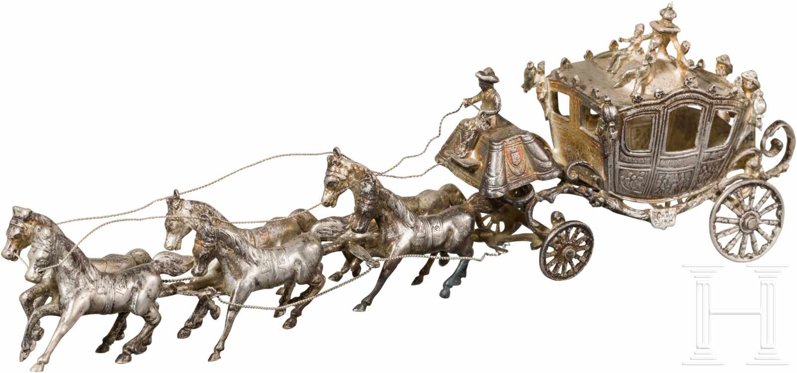 Silbernes Modell einer sechspännigen, herrschaftlichen Kutsche, 19. Jhdt.Alle Teile in Silber