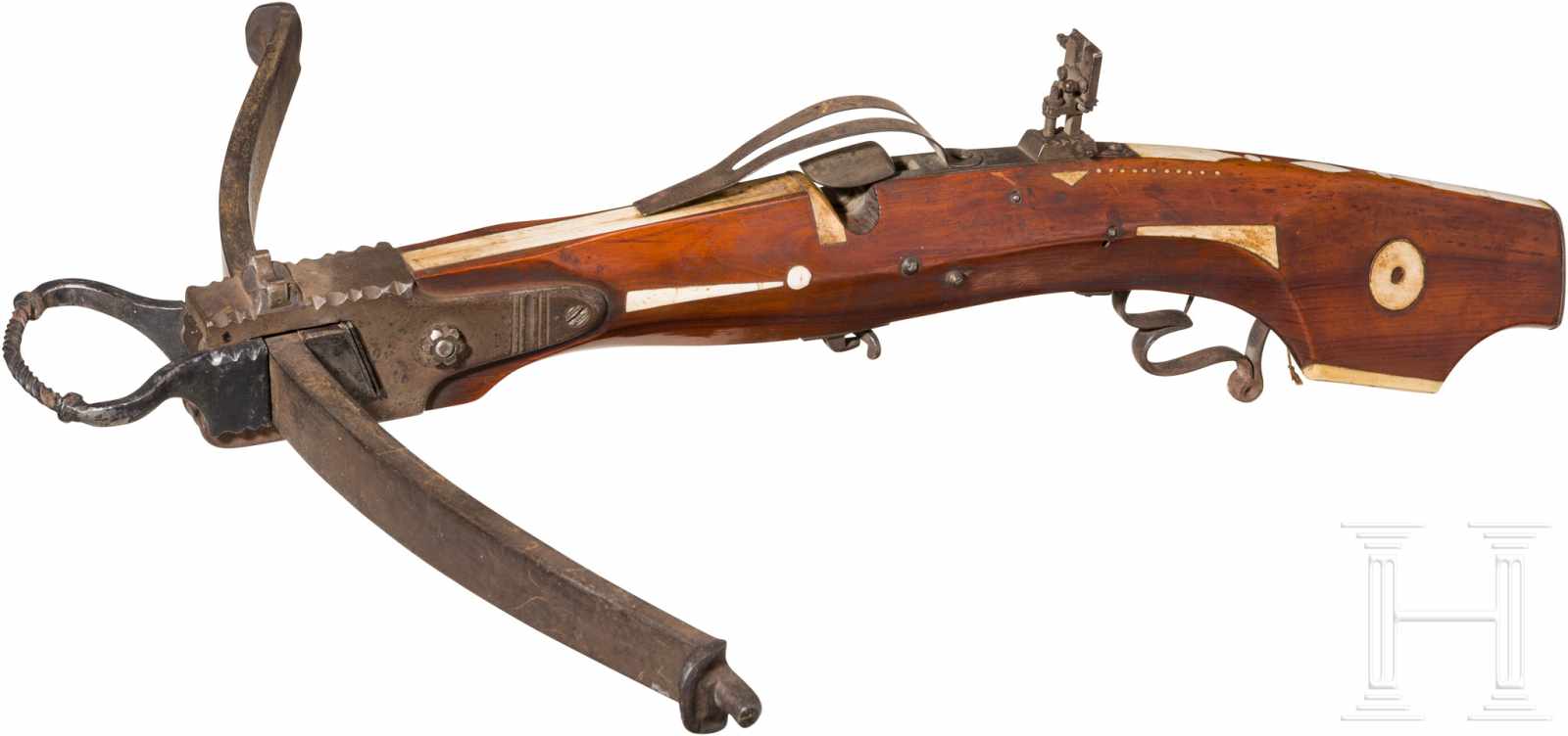 Schwere Schützenarmbrust, süddeutsch, um 1900Geschmiedeter und verkeilter, schwerer Stahlbogen