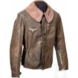 A Leather Jacket for Fighter PilotsGrey leather jacket with bluish purple fur collar. Front