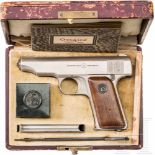 Pistole Ortgies, vernickelt, 5. Ausführung, in Schatulle,Kal. 7,65 mm Brown., Nr. 186604,