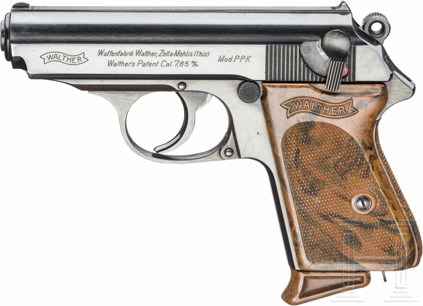 Walther PPK, ZMKal. 7,65 mm Brown., Nr. 759211, Blanker Lauf. Siebenschüssig. Beschuss Krone/N.