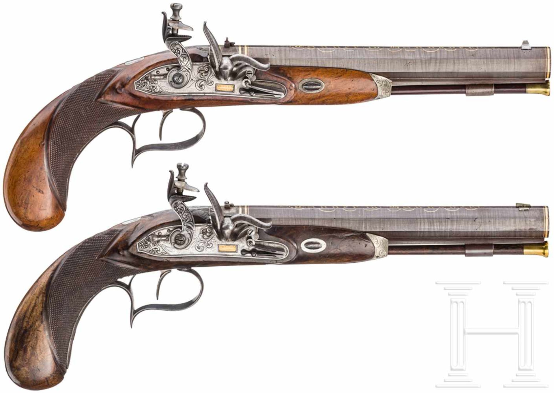 Ein Paar Steinschlosspistolen, Peter Tanner, Hannover, um 1820Achtkantige, mittig leicht eingezogene