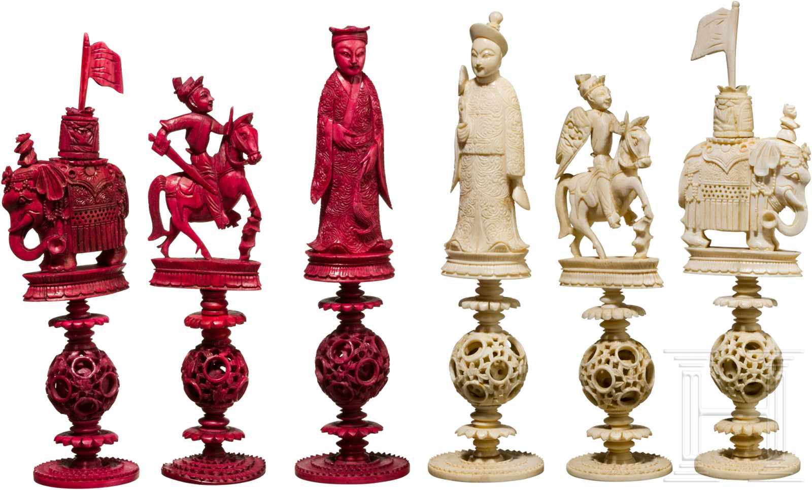 Geschnitztes Schachspiel aus Elfenbein, China, Kanton, 19. Jhdt.Jeweils mehrteilig gearbeitet und - Image 4 of 7