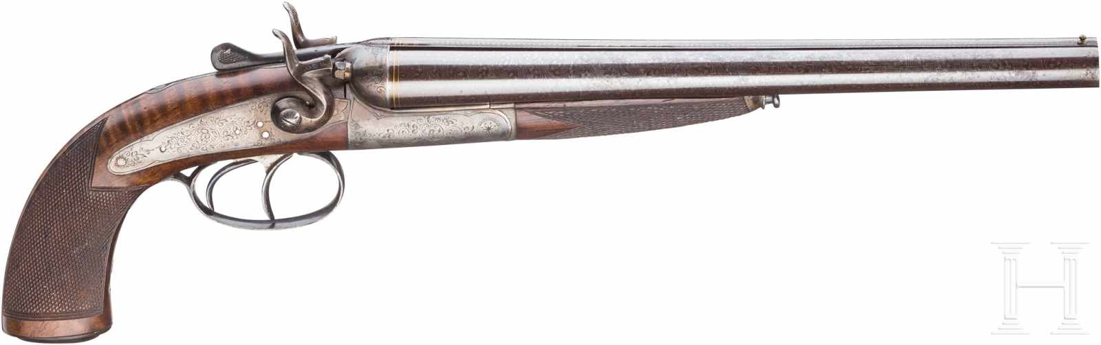 Doppelläufige Hahnpistole, Belgien, um 1900Kal. 32 bore, Nr. 27285, Glatte, bräunierte,