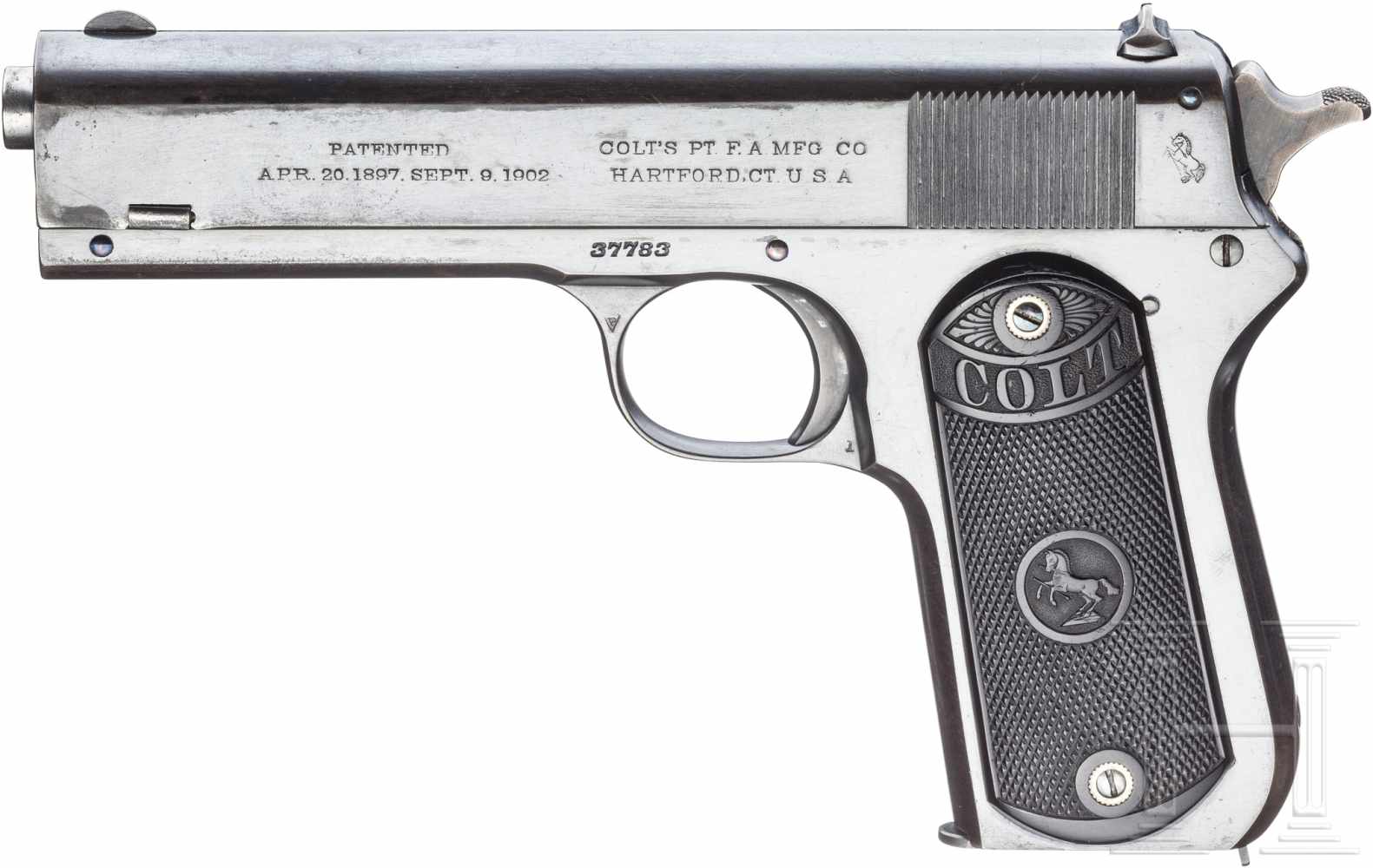 Colt Mod. 1903 Pocket HammerKal. .38 ACP, Nr. 37783, Blanker Lauf, Länge 4-1/2". Siebenschüssig.