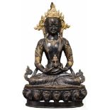 Bronzefigur des Amithayus, Nepal, 19. Jhdt.Hohl, aus Bronze gegossen und schwarz patiniert, mit