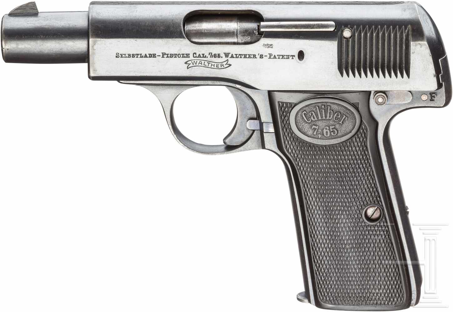 Walther Mod. 3/4, 1. ÜbergangsmodellKal. 7,65 mm Brown., Nr. 30950, Nummerngleich. Blanker Lauf.