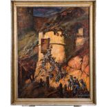 Kurbayerische Infanterie beim Sturm auf eine Burg, Gemälde um 1900Öl auf Leinwand, links oben