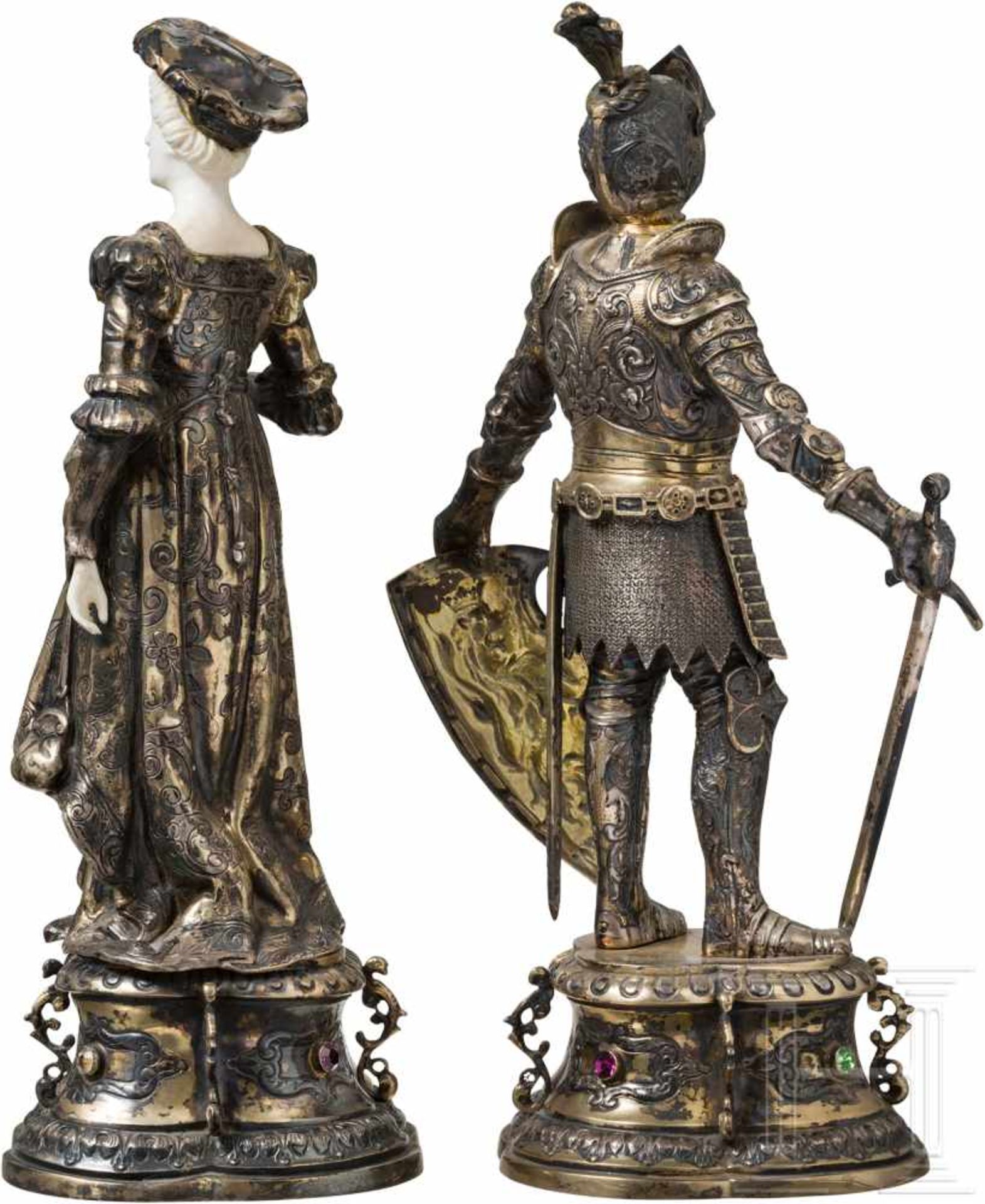 Silbernes, elfenbeinverziertes Figurenpaar im Renaissance-Stil, deutsch, 19. Jhdt.Jeweils - Bild 2 aus 3