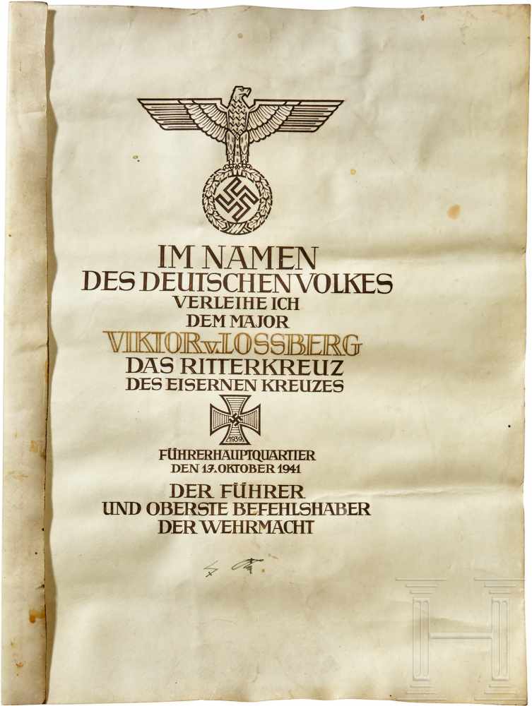 Major Viktor von Loßberg - an award document to the Knight's Cross of the Iron Cross 1939Large,