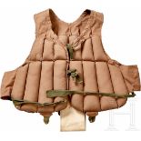 A Japanese Pilot Life JacketLight brown coloured cloth life vest, Kapok filled, two green cloth