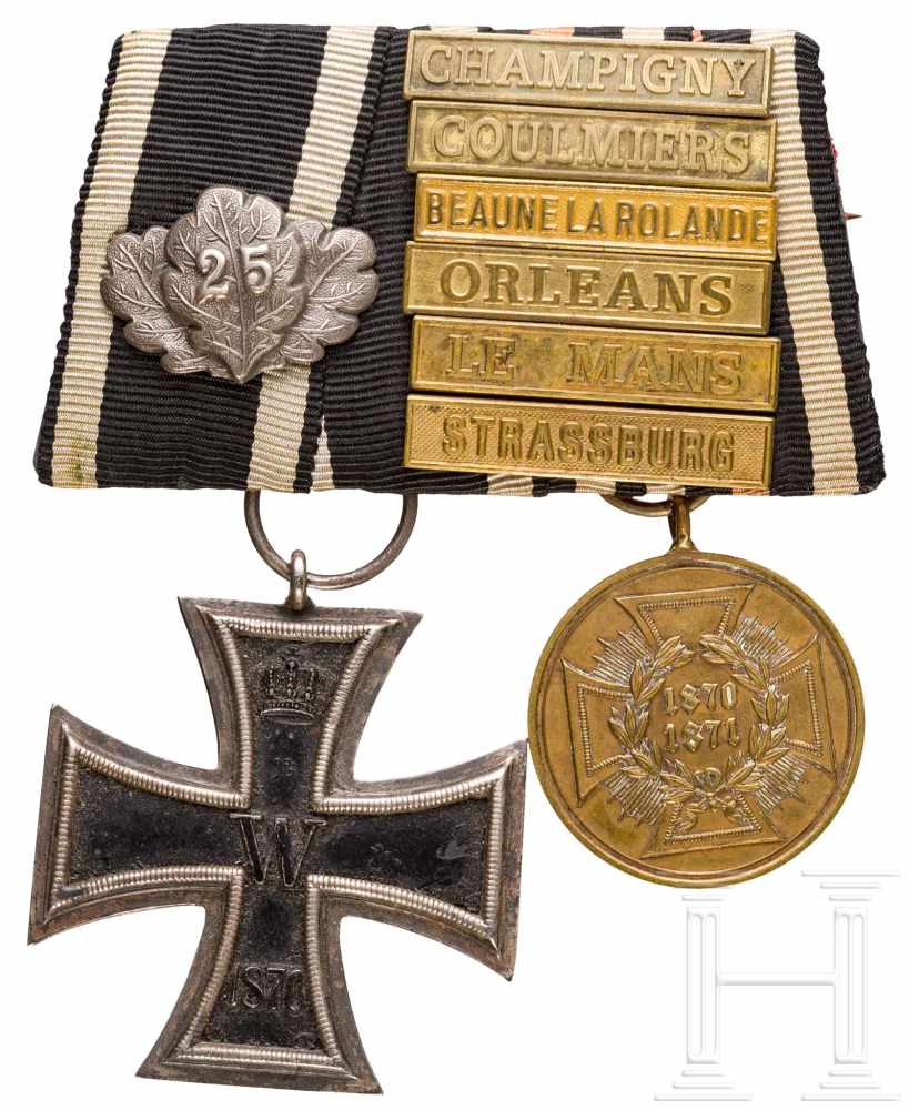 Ordensschnalle mit Eisernem Kreuz 2. Klasse, 1870, Eichenlaub "25", sechs GefechtsspangenEK,