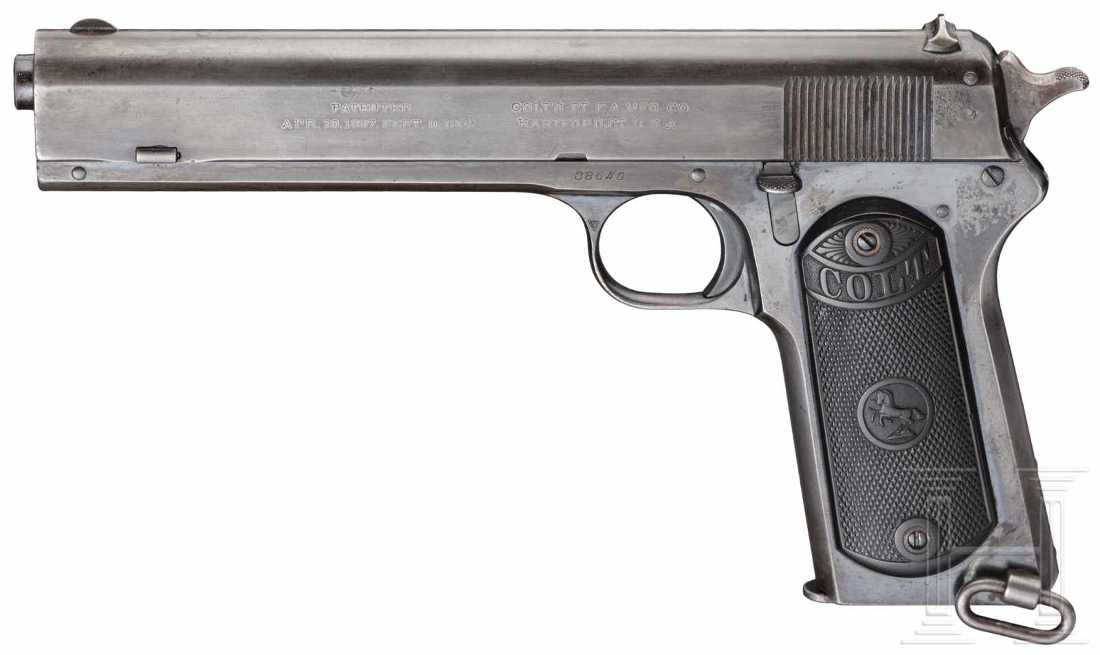 Colt Mod. 1902 (Military)Kal. .38 rimless, Nr. 38460, Blanker Lauf, Länge 6". Achtschüssig.