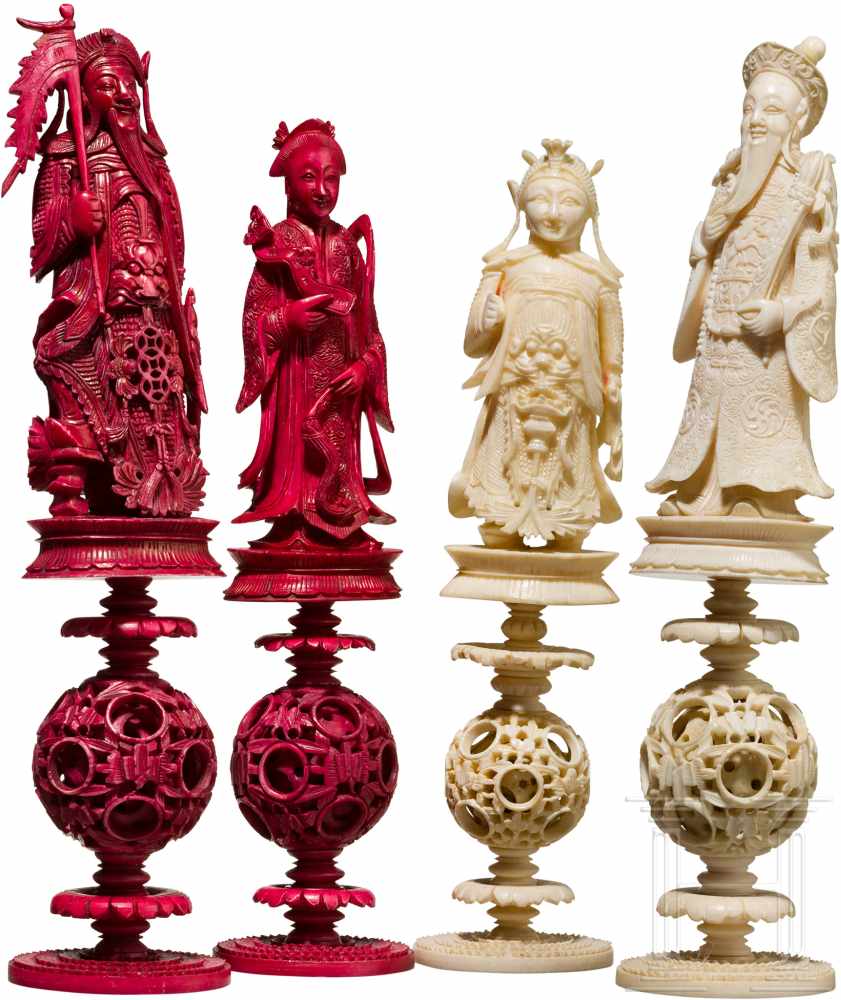 Geschnitztes Schachspiel aus Elfenbein, China, Kanton, 19. Jhdt.Jeweils mehrteilig gearbeitet und - Image 2 of 7