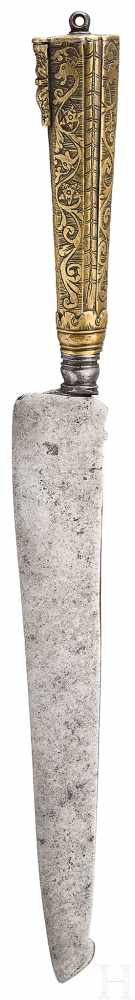 Dolchmesser mit Scheide in Form einer Klinge, Spanien, 18. Jhdt.Schmale, eiserne Rückenstichklinge