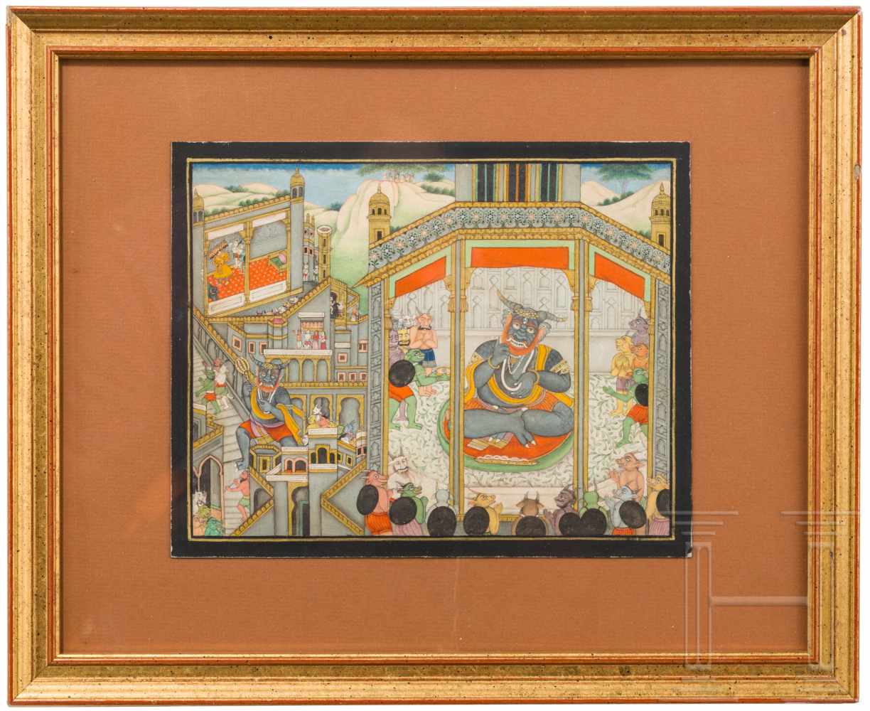 Miniatur, Indien, Jammu, Pahari Schule, 19. Jhdt.Gouache auf dünnem Karton. Der Dämon Kumbakarna