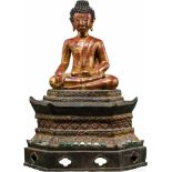 Vergoldeter Gautama-Buddha, Thailand, 19. Jhdt.Bronzehohlguss, mit Resten der Vergoldung über