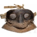 Alliierte Splitterschutzmaske für Panzerfahrer, um 1917/18Lederbezogene Metallbrille mit Lamellen-