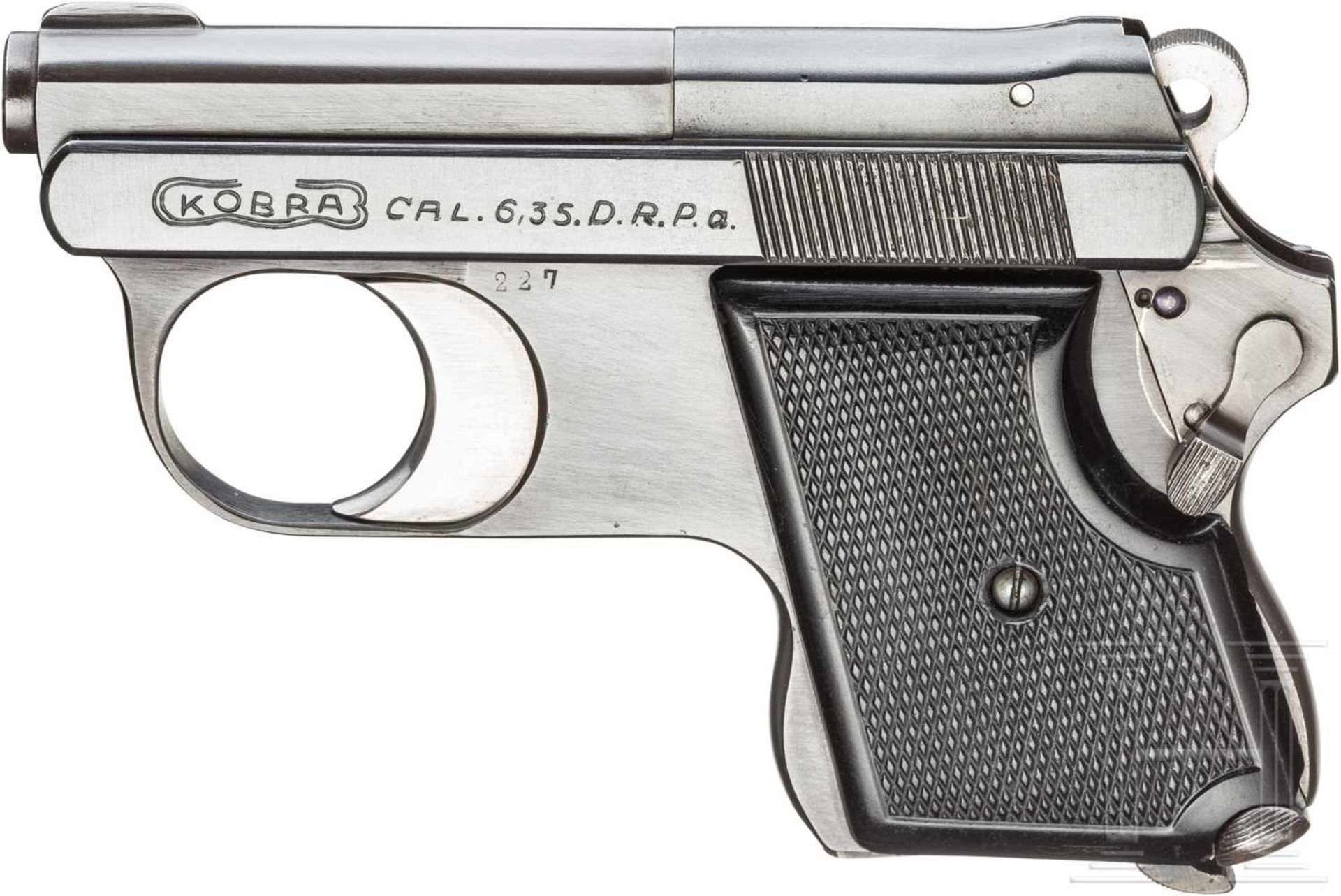 Pistole Kobra, um 1930Kal. 6,35 mm Brown., Nr. 227, Blanker Lauf, Länge 58 mm. Sechsschüssig.