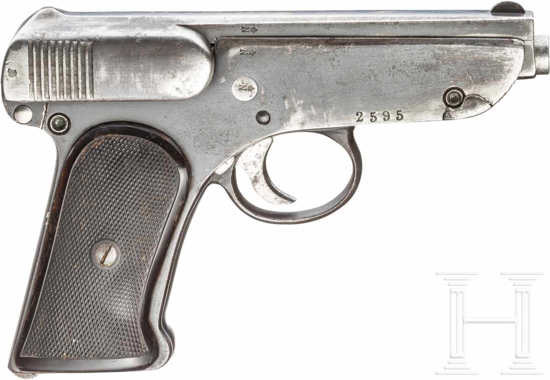Pistole Jäger, 1. AusführungKal. 7,65 mm Brown., Nr. 2595, Nummerngleich. Blanker Lauf. - Bild 2 aus 2