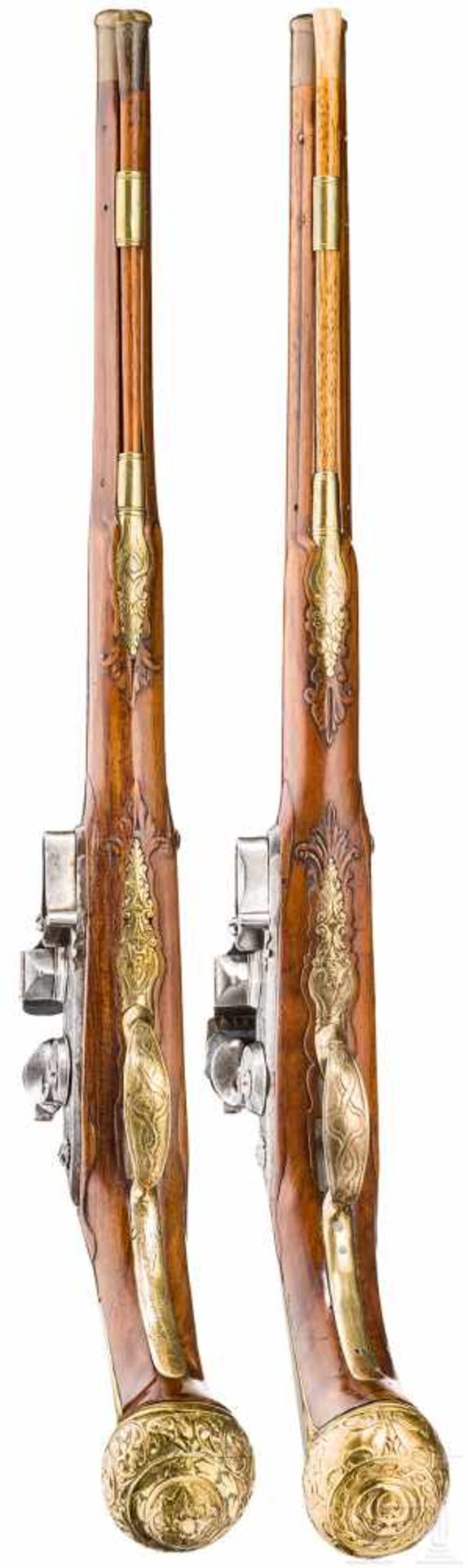 Ein Paar lange Steinschlosspistolen, deutsch, um 1710/2016-kantige, gerippte, in rund übergehende - Bild 5 aus 7