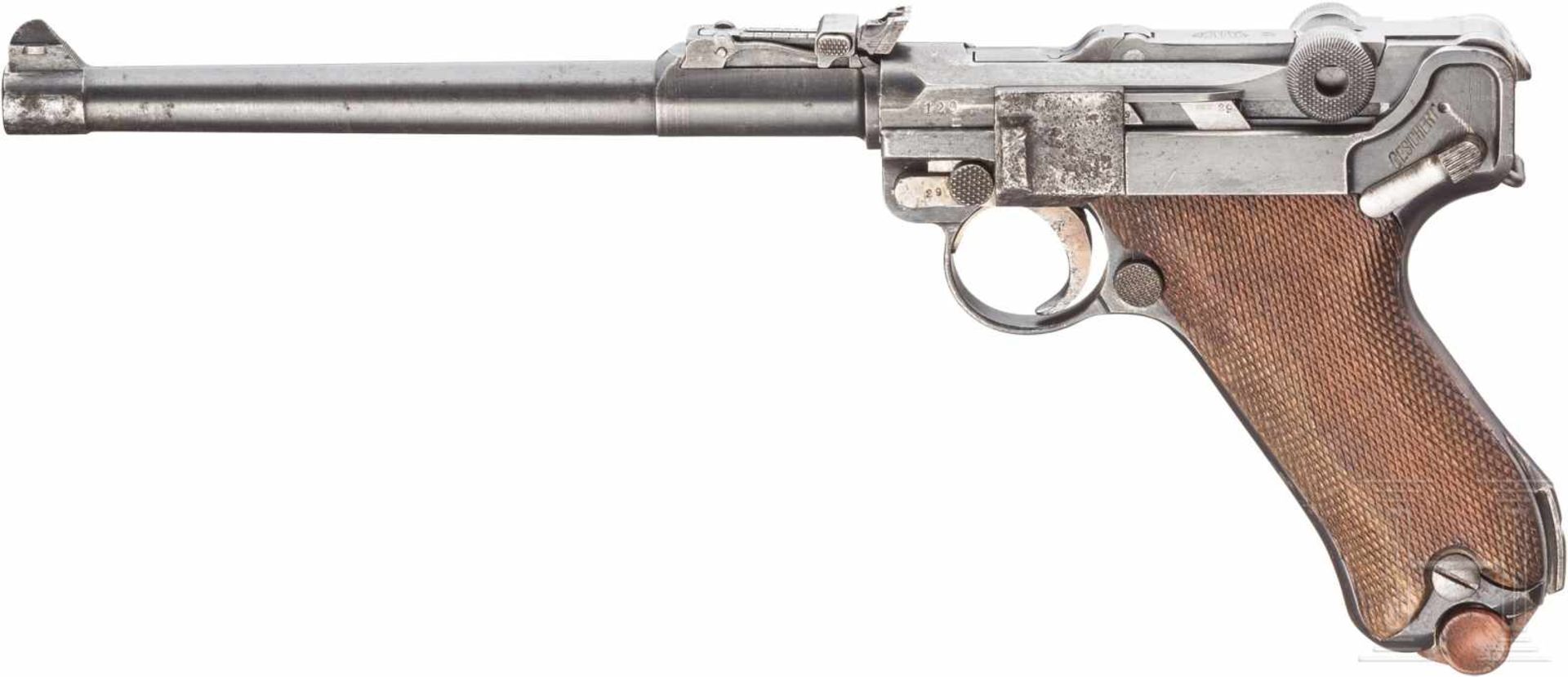 Lange Pistole 08, DWM 1917, mit TascheKal. 9 mm Luger, Nr. 129g, Gültiger Beschuss. Nummerngleich.